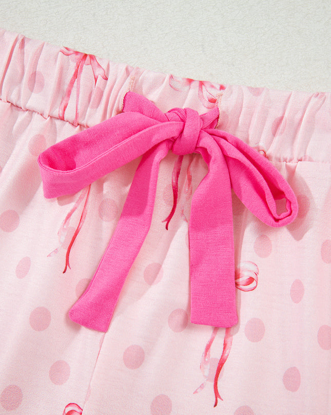 Pink Polka Dot and Bow Print Ruffle Hem Shorts Pajama Set