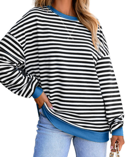 Blue Striped Contrast Trim Drop Shoulder Sweatshirt