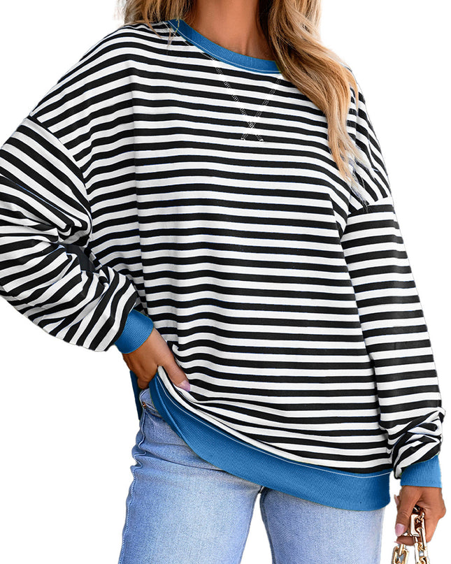 Blue Striped Contrast Trim Drop Shoulder Sweatshirt