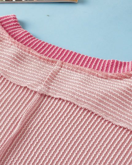 Rose Red Textured Colorblock Round Neck T Shirt