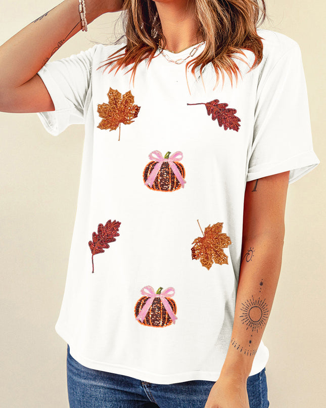 White Sequined Pumpkin Leaves Fall Vibe Graphic T Shirt