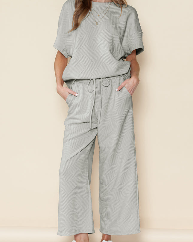 Black Textured Loose Fit T Shirt and Drawstring Pants Set
