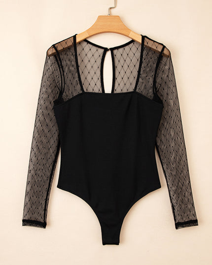 Black Polka Dot Mesh Long Sleeve Square Neck Bodysuit