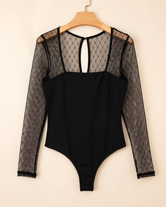Black Polka Dot Mesh Long Sleeve Square Neck Bodysuit