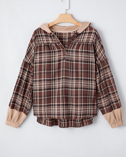 Brown Plaid Waffle Patchwork Henley Hoodie – Cozy Long Sleeve Top for Women