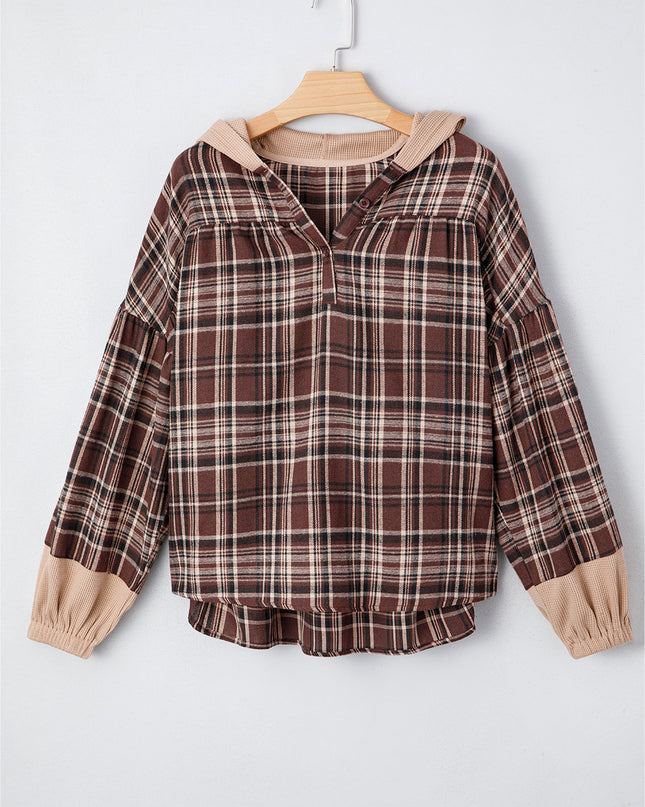 Brown Plaid Waffle Patchwork Henley Hoodie – Cozy Long Sleeve Top for Women