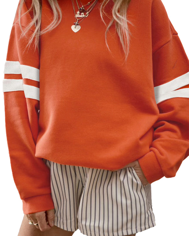 Fiery Red Preppy Striped Sleeve Loose Sweatshirt