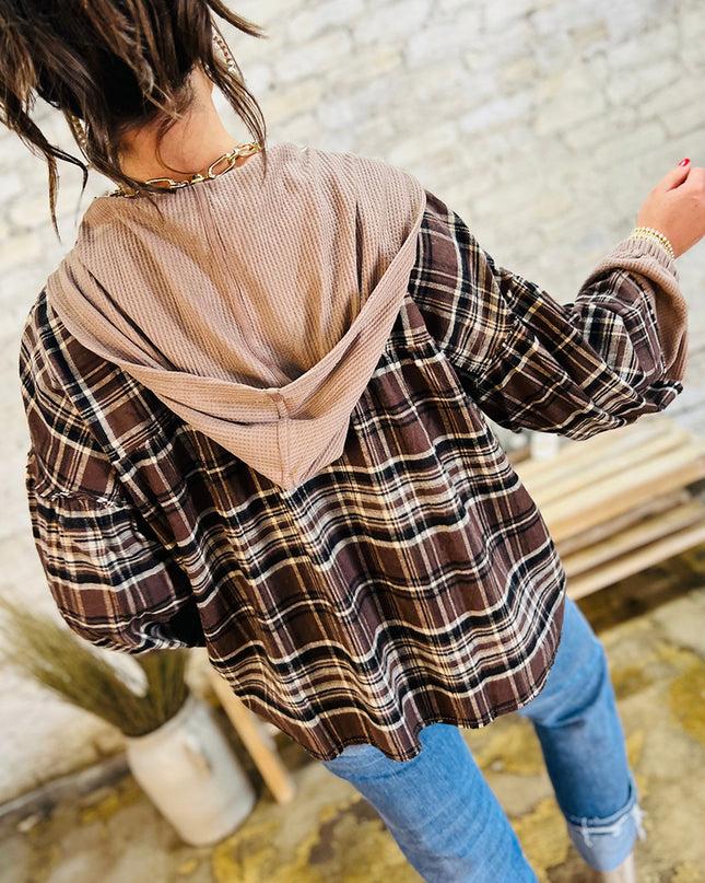 Brown Plaid Waffle Patchwork Henley Hoodie – Cozy Long Sleeve Top for Women