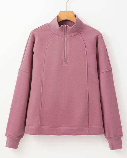 White Zipper Collared Drop Shoulder Plain Sweatshirt
