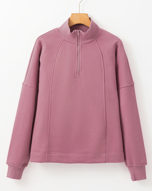 White Zipper Collared Drop Shoulder Plain Sweatshirt