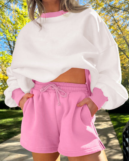 Strawberry Pink Colorblock Pullover and Drawstring Shorts Set
