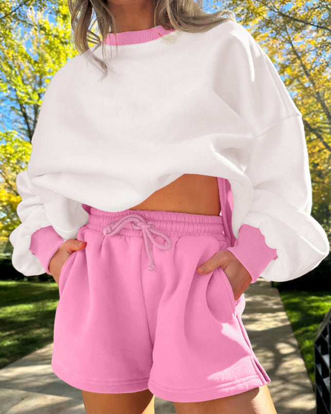 Strawberry Pink Colorblock Pullover and Drawstring Shorts Set