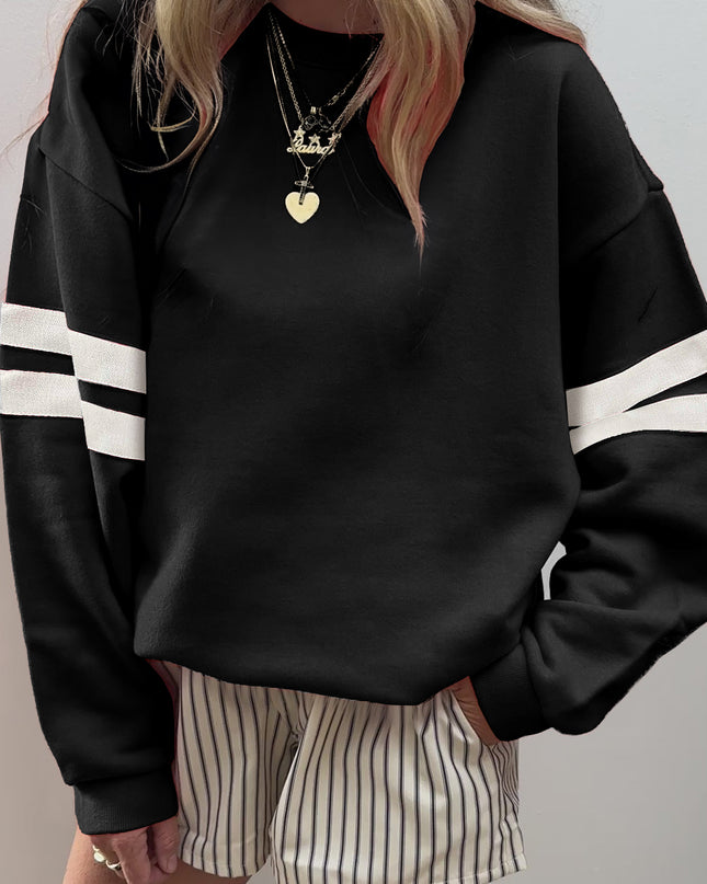 Fiery Red Preppy Striped Sleeve Loose Sweatshirt