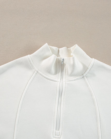 White Zipper Collared Drop Shoulder Plain Sweatshirt