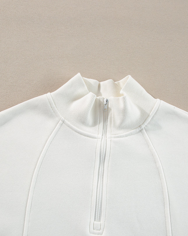 White Zipper Collared Drop Shoulder Plain Sweatshirt