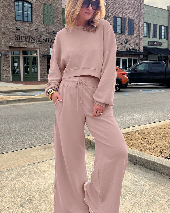 Mist Blue Wide-Leg Lounge Set | Drop Shoulder Crop Pullover & Drawstring Pants