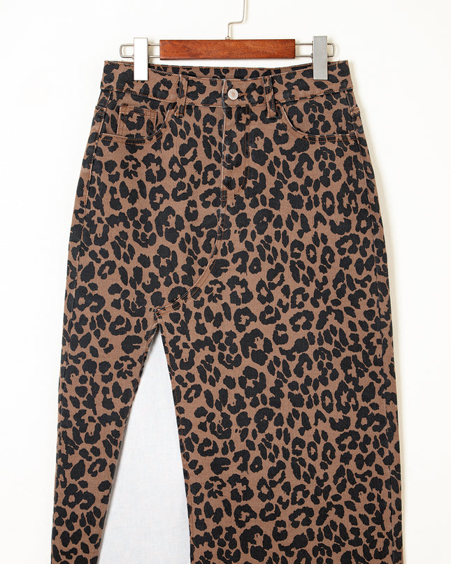 Brown Leopard Frayed Split Denim Midi Skirt