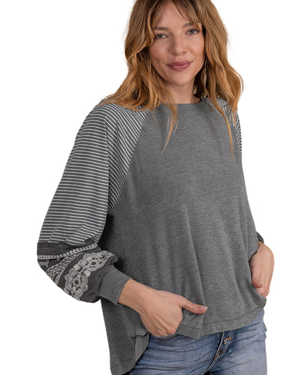 Rose Red Contrast Print Striped Raglan Long Sleeve Loose Top