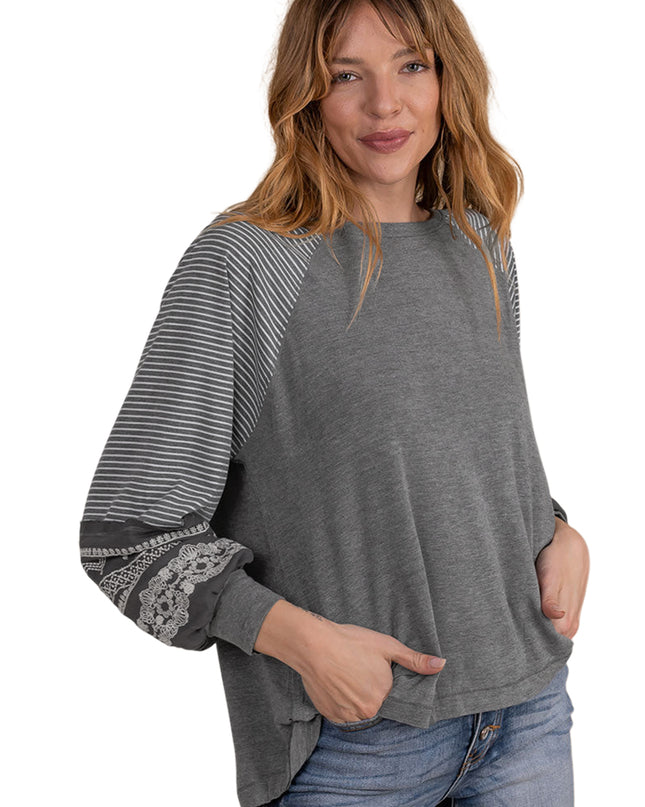 Rose Red Contrast Print Striped Raglan Long Sleeve Loose Top
