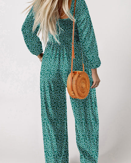 Green Floral Print Shirred Bodice Square Neck Wide Leg Jumpsuit
