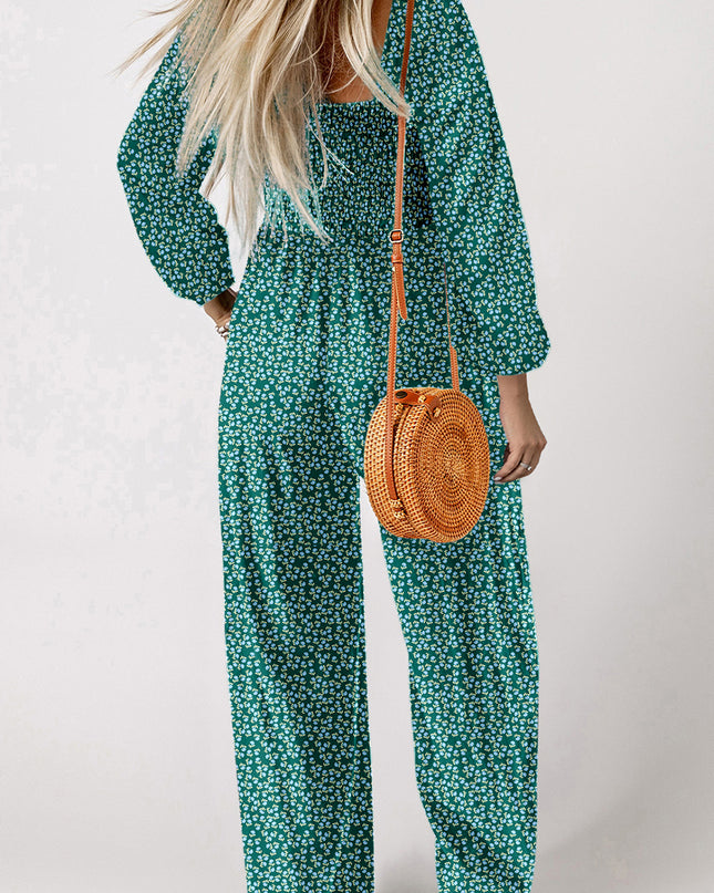 Green Floral Print Shirred Bodice Square Neck Wide Leg Jumpsuit