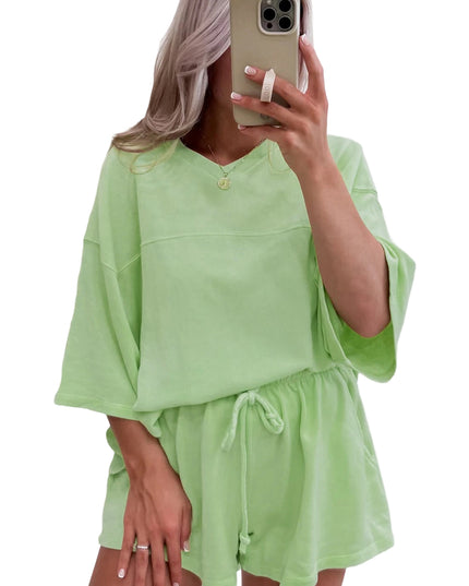 Bonbon Loose V Neck Tee and Drawstring Shorts Set