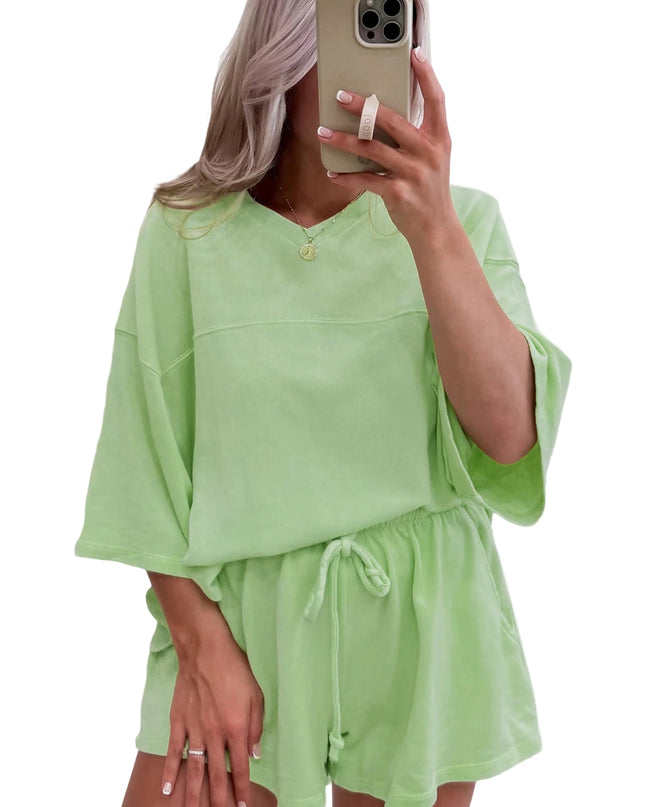 Bonbon Loose V Neck Tee and Drawstring Shorts Set