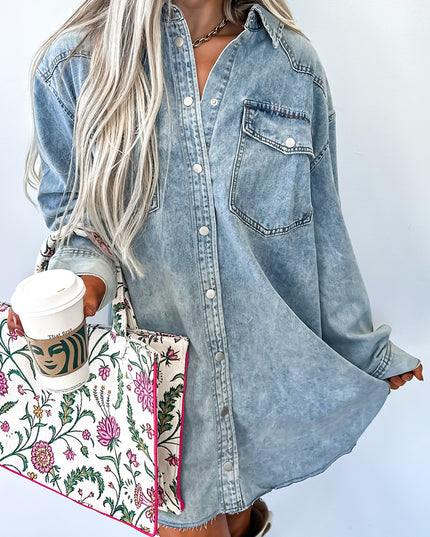 Denim Shirt Dress with Chest Pocket – Raw Hem Oversized Loose Fit Mini Dress (Blue Cotton)