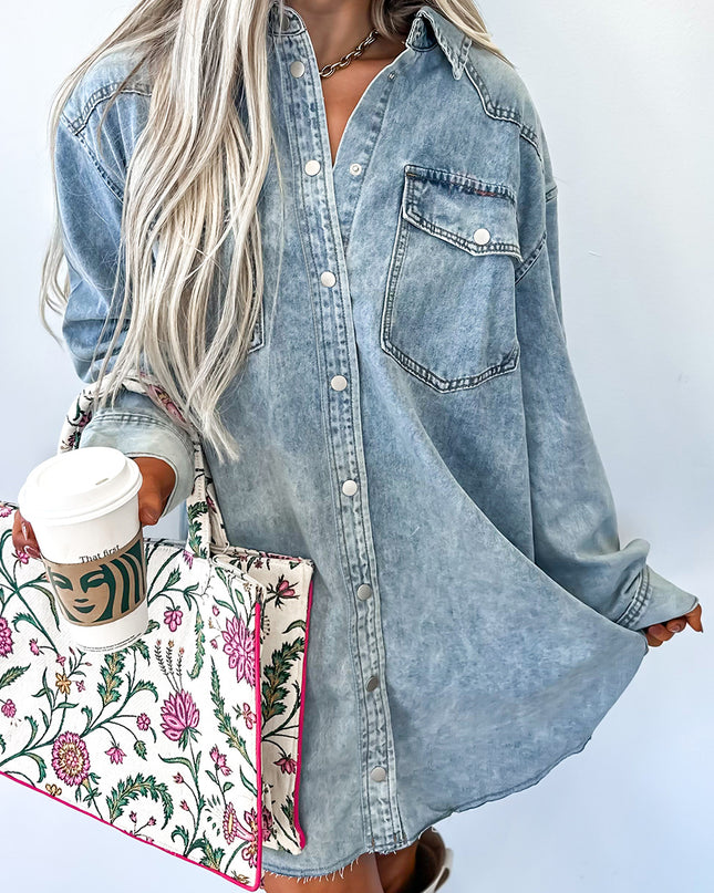 Denim Shirt Dress with Chest Pocket – Raw Hem Oversized Loose Fit Mini Dress (Blue Cotton)