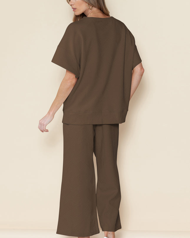 Black Textured Loose Fit T Shirt and Drawstring Pants Set