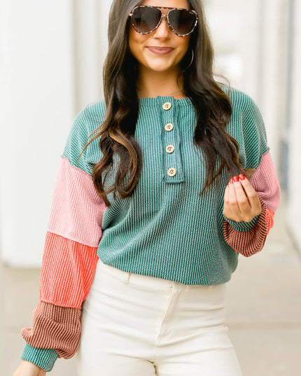 Multicolour Twisted Ribbed Colorblock Patchwork Henley Top