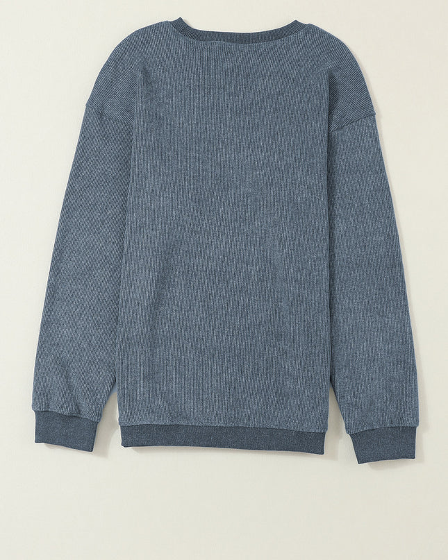 Green Ribbed Round Neck Drop Sleeve Pullover Sweatshirt