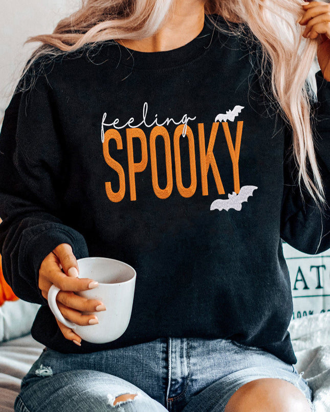 Feeling Spooky Halloween Sweatshirt – Embroidered Graphic Oversized Black Pullover