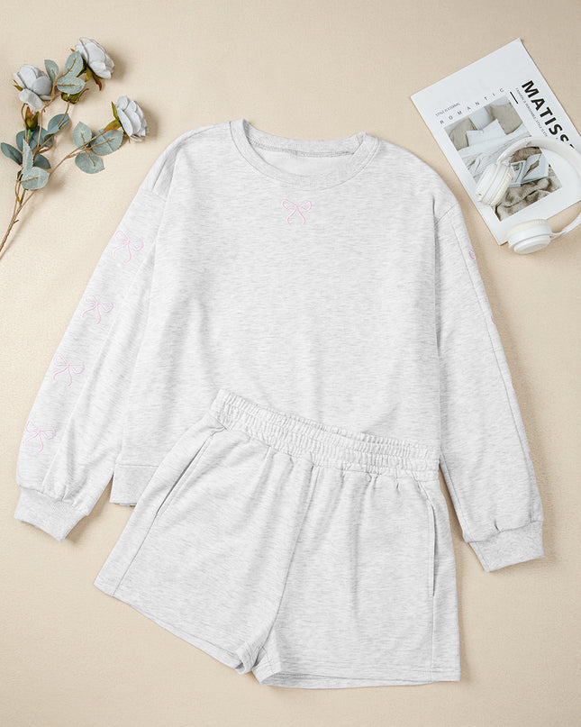 Light Grey Bow Embroidery Long Sleeve Pullover and High Waist Shorts Set