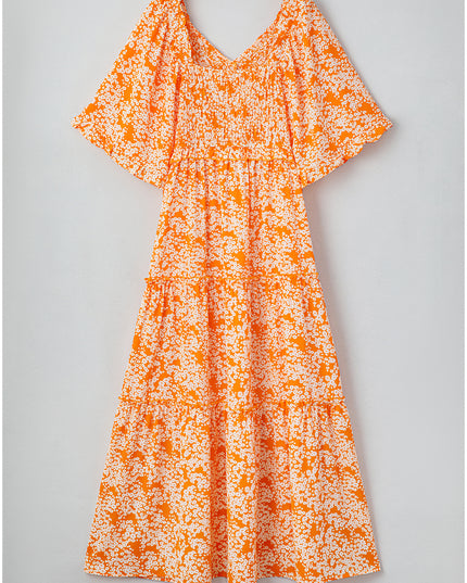 Orange Floral Print Smocked V Neck Bell Sleeve Maxi Dress