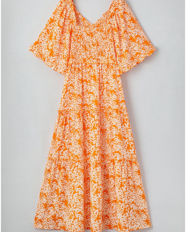 Orange Floral Print Smocked V Neck Bell Sleeve Maxi Dress