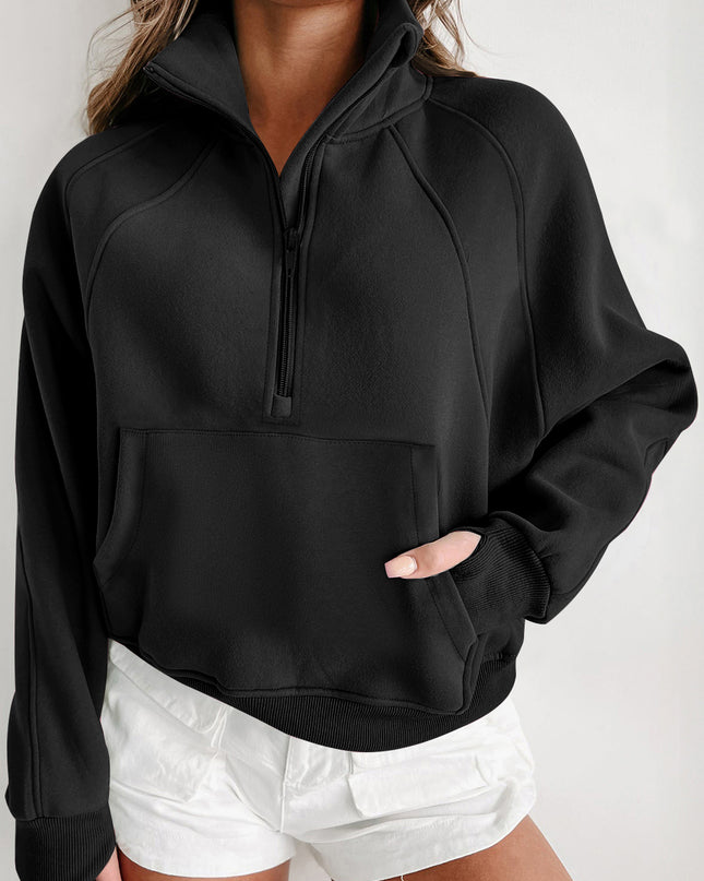 Black Zip Up Stand Collar Ribbed Thumbhole Sleeve Sweatshirt