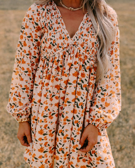 Beige Floral Smocked V Neck Bubble Sleeve Babydoll Dress
