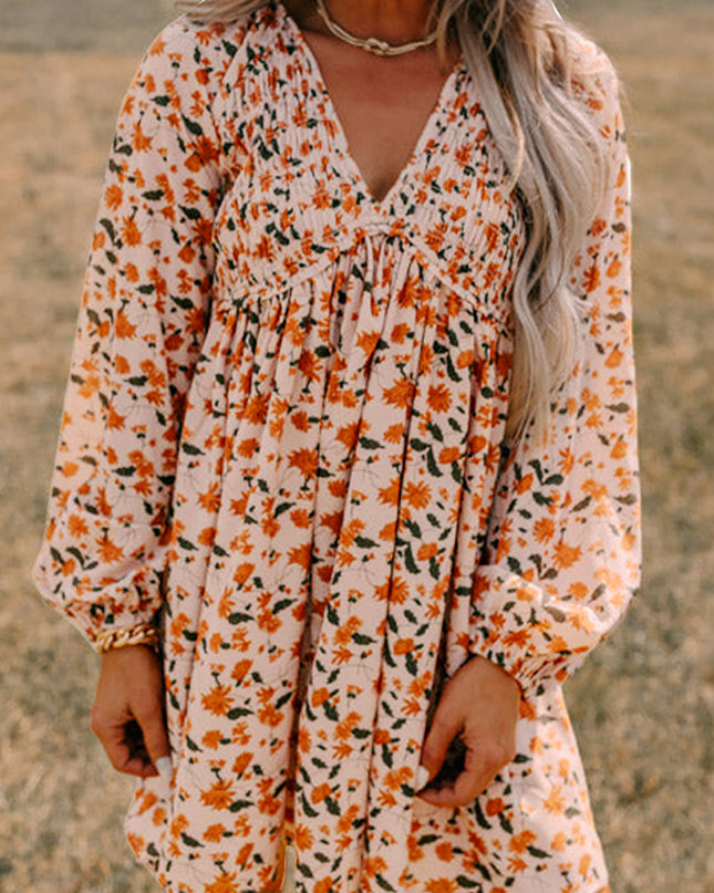 Beige Floral Smocked V Neck Bubble Sleeve Babydoll Dress