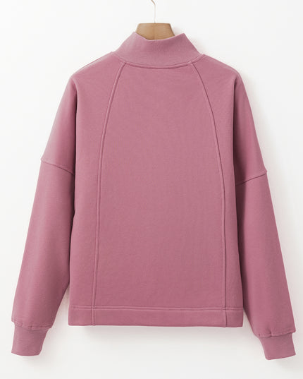 White Zipper Collared Drop Shoulder Plain Sweatshirt