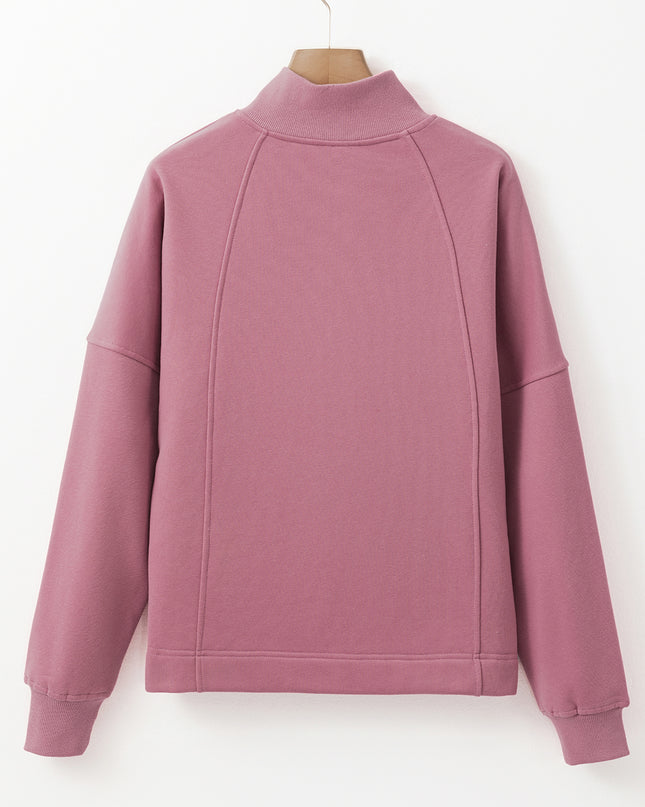 White Zipper Collared Drop Shoulder Plain Sweatshirt