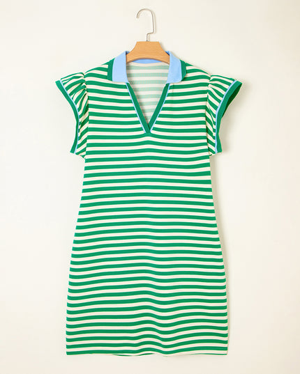 Green Striped Ruffle Short Sleeve Pop of Color Neckline Dress