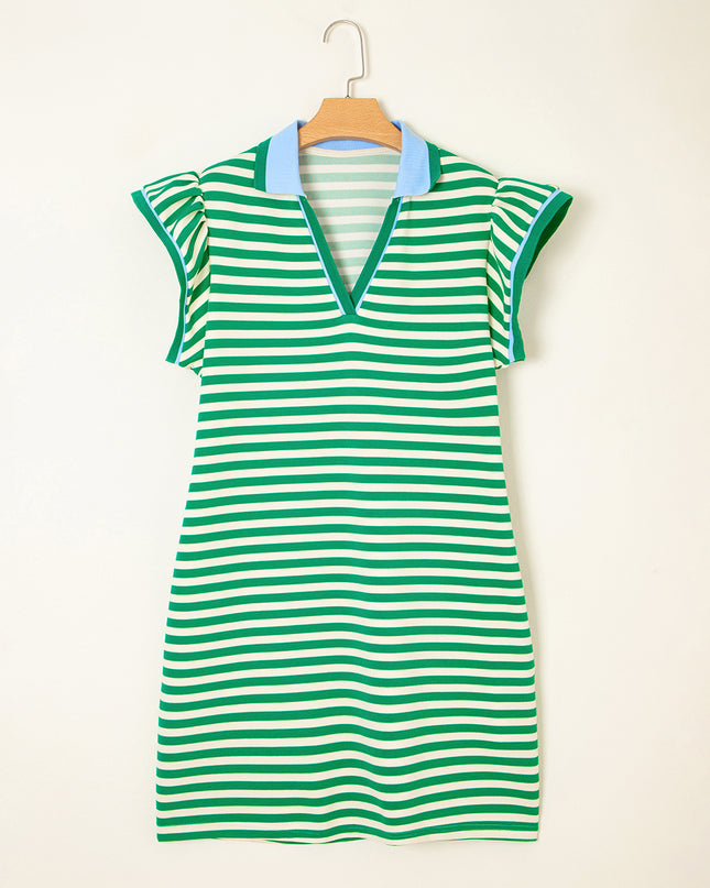 Green Striped Ruffle Short Sleeve Pop of Color Neckline Dress