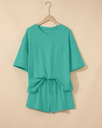 Bonbon Loose V Neck Tee and Drawstring Shorts Set