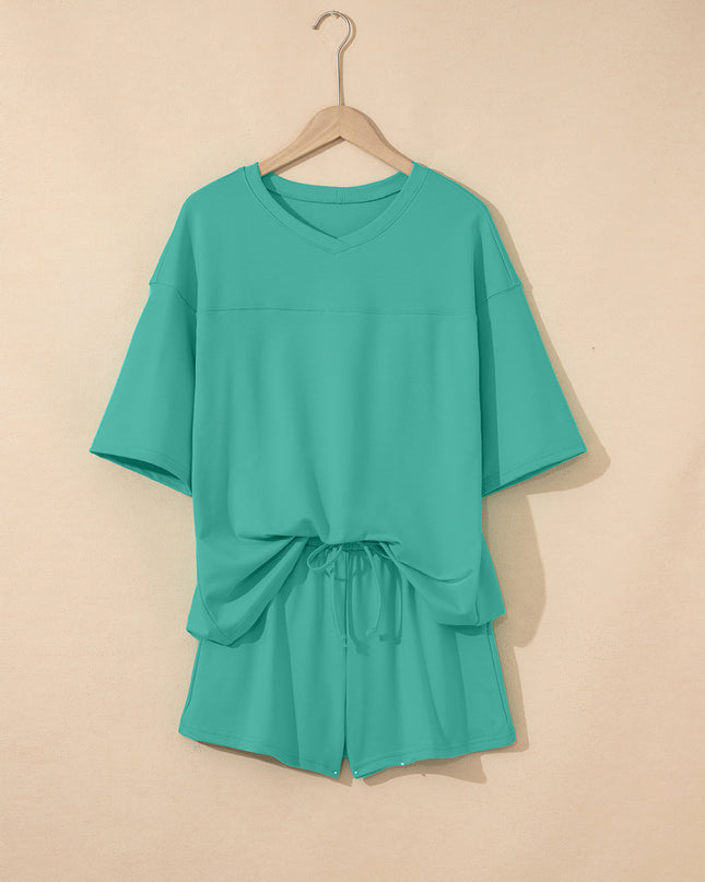 Bonbon Loose V Neck Tee and Drawstring Shorts Set