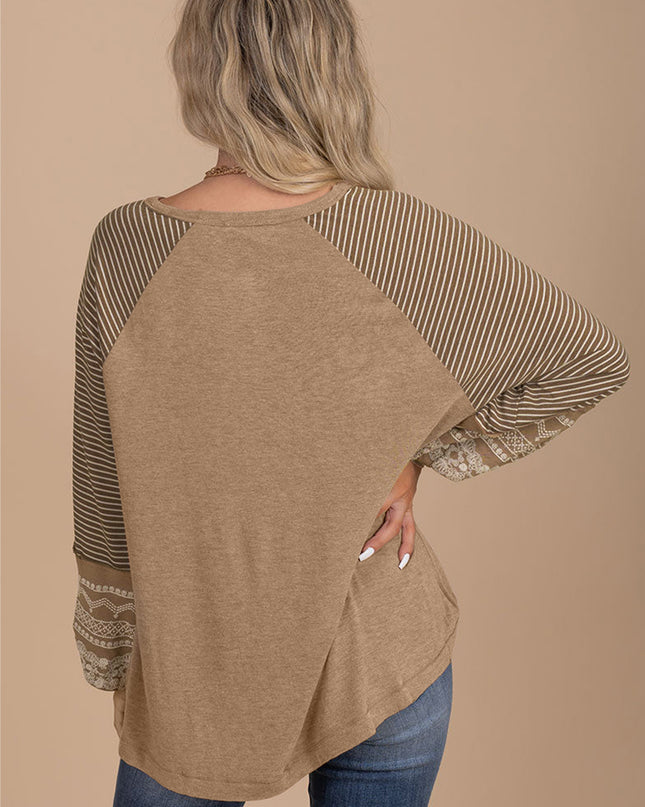 Rose Red Contrast Print Striped Raglan Long Sleeve Loose Top
