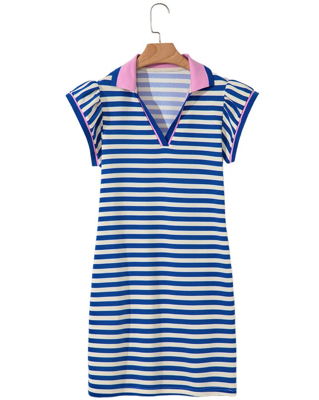 Green Striped Ruffle Short Sleeve Pop of Color Neckline Dress