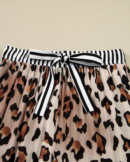Khaki Leopard Print Colorblock Striped Patchwork Shirt and Pants Pajama Set