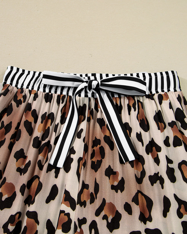 Khaki Leopard Print Colorblock Striped Patchwork Shirt and Pants Pajama Set
