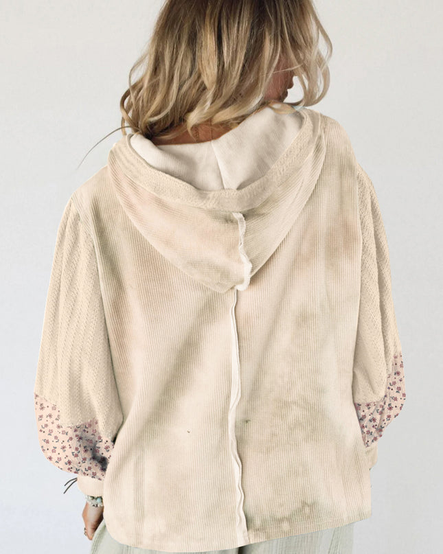 Beige Floral Textured Colorblock Patchwork Bishop Sleeve Hooded Top